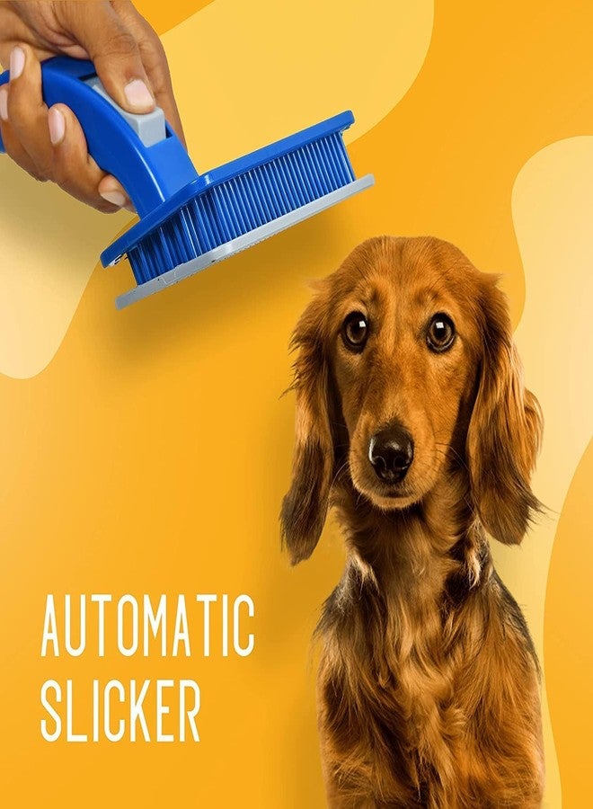 PET FUN فرشاة تنظيف الحيوانات الأليفة من بيت فن للجراء | للكلاب والقطط والأرانب والماعز | للشعر الطويل والقصير | فرشاة لإزالة الشعر المتساقط وفك التشابك والتدليك | رأس مستطيل | مقبض منحني | مشط تنظيف ذاتي للحيوانات الأليفة (كبير) - Image 4